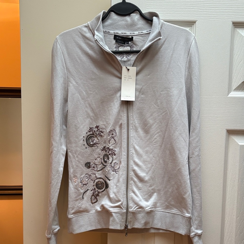 BCBGMAXAZRIA sweatshirt Zip hoodie Sequin Embroidery Cotton $160 NWT medium
